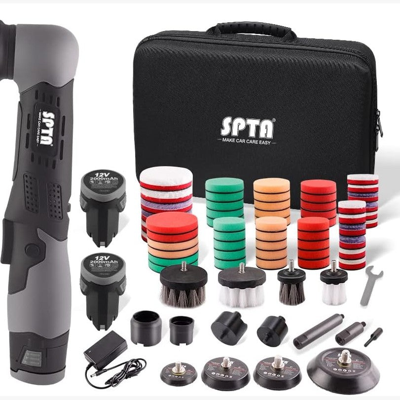 312509 - SPTA Makinë lustruese 12V, Lëmuese makinash 25mm 50mm 80mm, 6 shpejtësi të ndryshueshme, Sfungjer lëmues për lustrimin dhe lyerjen me dyll të makinave dhe mobiljeve