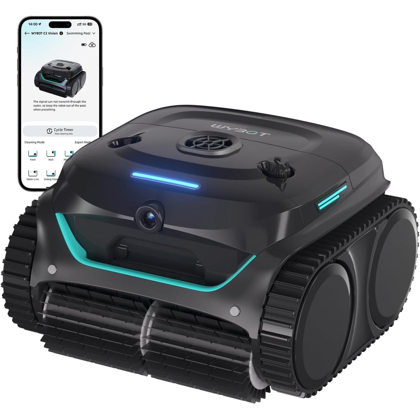 255000 - WYBOT C2 Vision - Robot Pishine pa Tel me Bateri, Kamerë AI, 8 Modalitete, Thithje e Fortë, Filtër i Dyfishtë, Pastrim i Linjës së Ujit, Pastrim Muri dhe Dyshemeje, Kontroll me Aplikacion - E Zezë/Jeshile e Errët