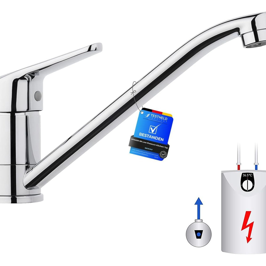 163507 - IBERGRIF M14450-98, Rubinet Mikser për Lavaman Kuzhinë me Një Levë, Presion i Ulët, Rrotullues 360°, Materiali: Krom, Ngjyra: Argjend