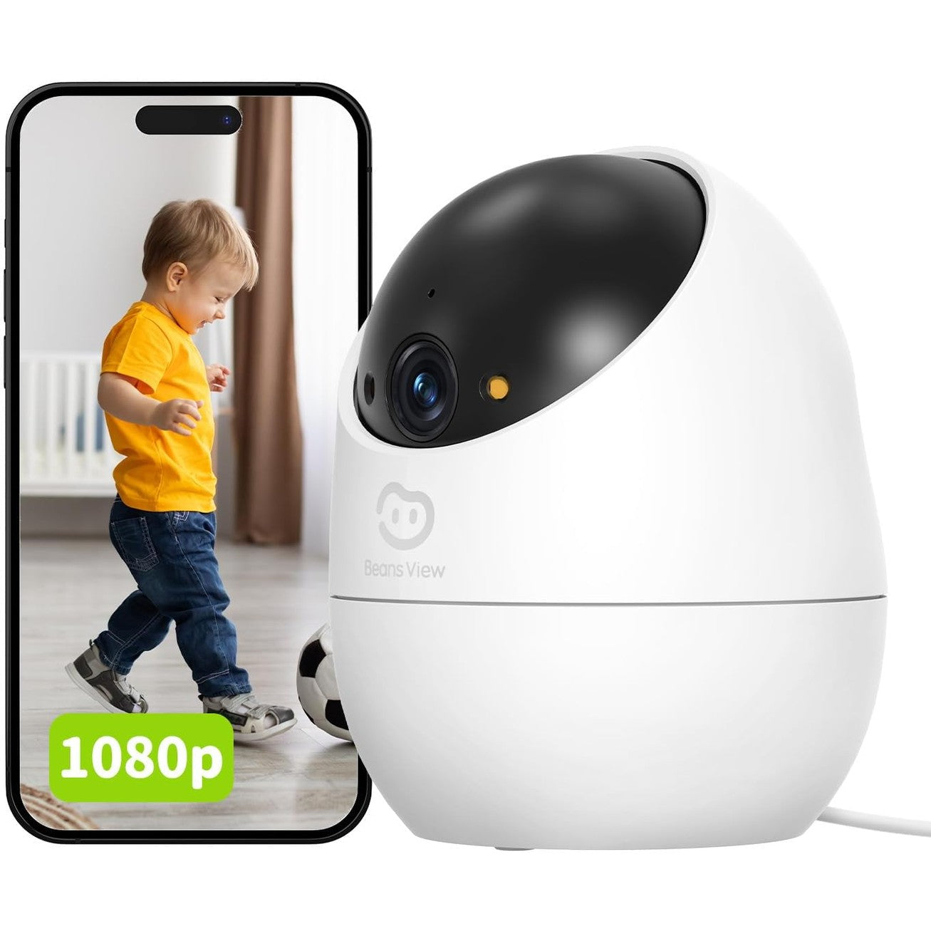 164796 - BEANS VIEW Kamerë Sigurie e Brendshme, Mbikëqyrje 360° 1080P, Wi-Fi 2.4GHz, Shikim Natën me Ngjyra, Pajisje për Foshnje, Kafshë Shtëpiake, Mace, Qen, Zbulim Njerëzor, e Pajtueshme me Alexa, Modeli D210