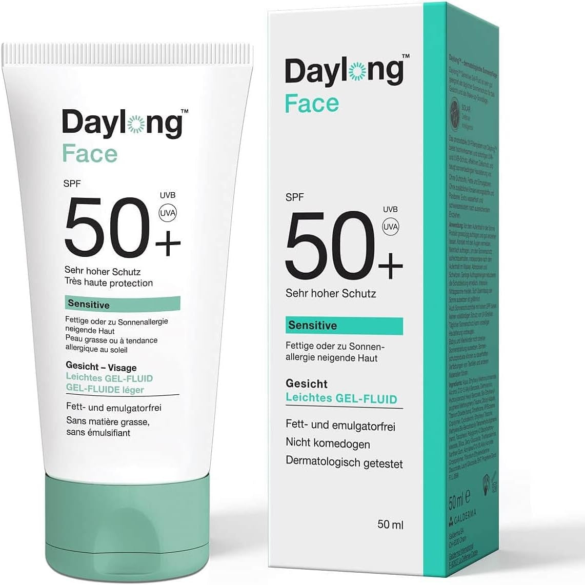 301299 - DAYLONG Xhel-Lëngu për Krem Dielli Sensitive SPF50+, për Fytyrën dhe Trupin, Lëkurë shumë e ndjeshme e prirur ndaj alergjive ndaj diellit, 50 ml