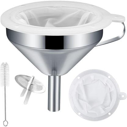 206745 - KOMPANIA Hinkë Kuzhine prej Çeliku Inox, për Ushqime, Balona pa Derdhje me Filtra 200 Rrjetë, për Mbushje të Shisheve, Vajit, Reçelit, Erëzave, Verës, Kafesë, Çajit, 4 Pishtarë