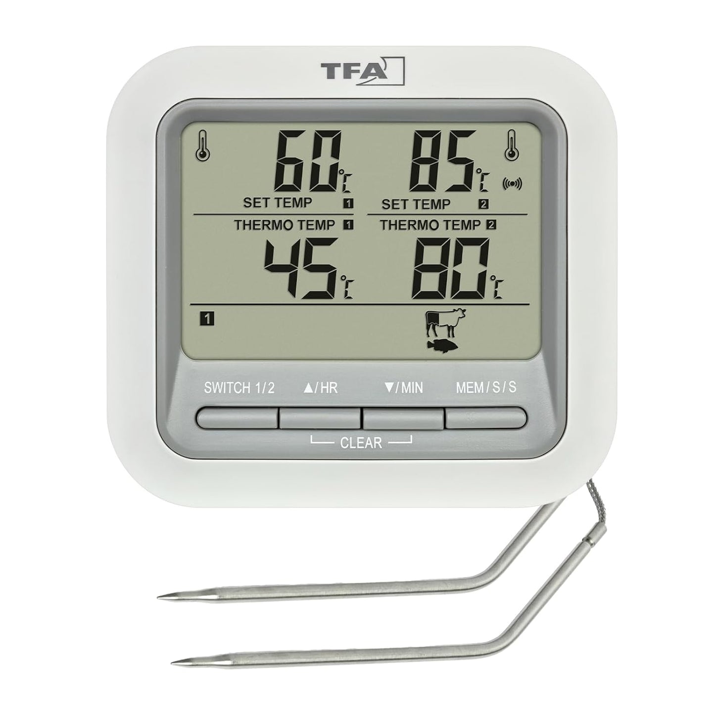 222185 - TFA DOSTMANN Termometër dixhital për skarë 14.1516, 2 sonda çeliku inox, deri në 300°C, me funksion alarmi, i bardhë