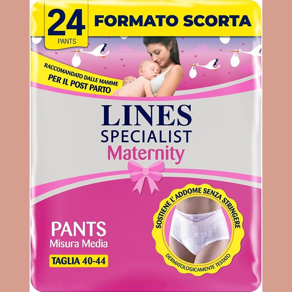 271575 - LINES SPECIALIST Mbathje Absorbuese Maternity Postpartum, Madhësia M, Pako me 24 copë, me Mbështetje Barku dhe Thithje të Shpejtë për Rrjedhjet Pas Lindjes