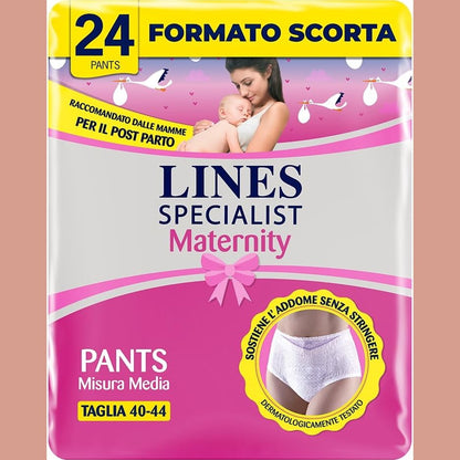 271575 - LINES SPECIALIST Mbathje Absorbuese Maternity Postpartum, Madhësia M, Pako me 24 copë, me Mbështetje Barku dhe Thithje të Shpejtë për Rrjedhjet Pas Lindjes