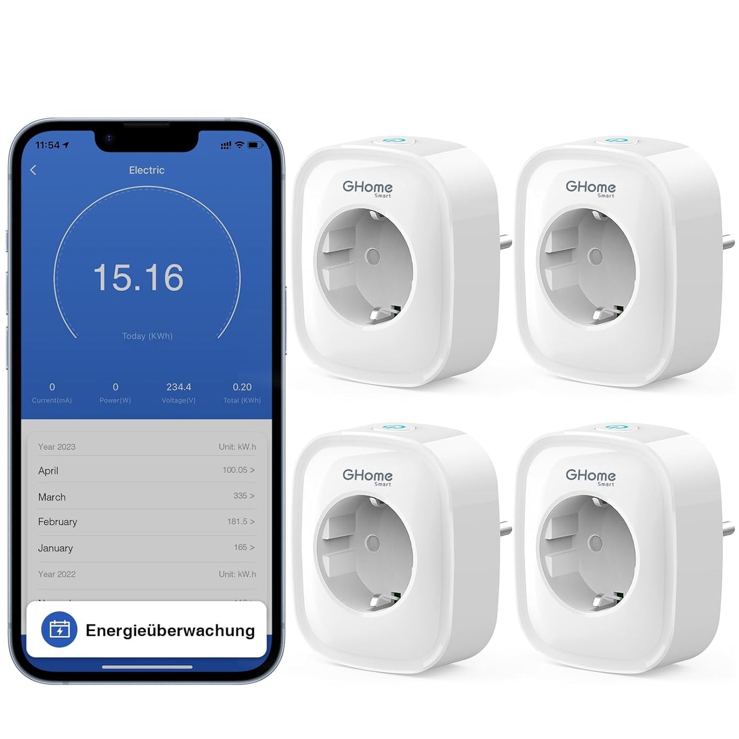 164454 - GHOME Prizë WiFi Smart 16A me Matje Konsumi Energjie, Kontroll Zëroi dhe Kohëmatës, Pako prej 4 Prizave, VETËM për WiFi 2.4GHz, 230V || 50/60Hz || 20-45°C, Ngjyra e Bardhë