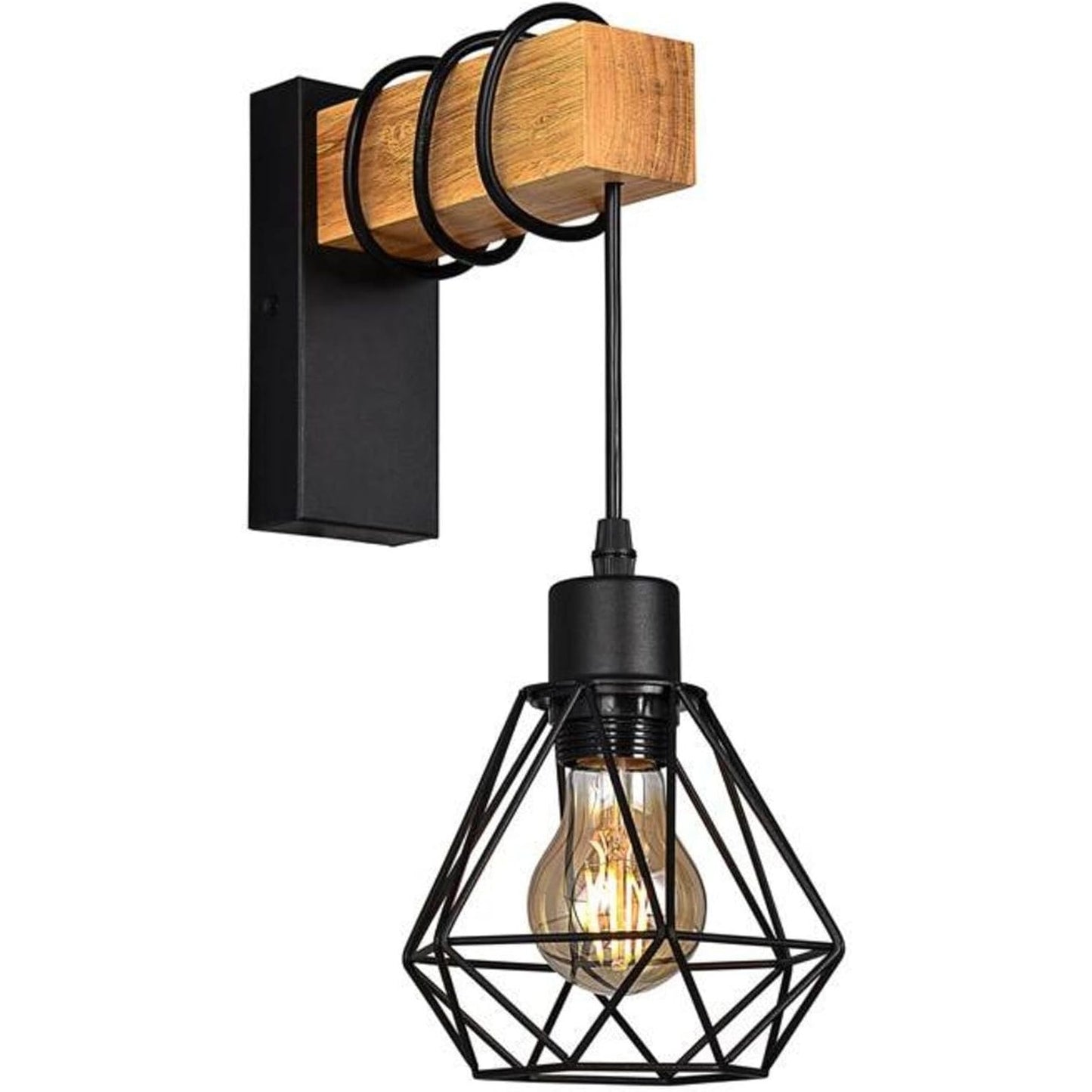 185303 - B·LED BARCELONA Llambë Muri LED Vintage në Çelik dhe Drunjë, 1 Prizë E27, Dizajn Industrial Retro, Ngjyrë e Bardhë dhe Kafe, E Zezë, Modeli LM135-N_FBM