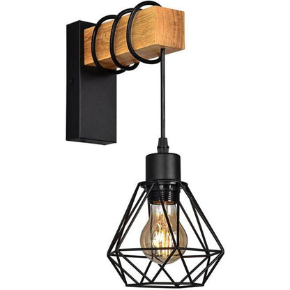 185303 - B·LED BARCELONA Llambë Muri LED Vintage në Çelik dhe Drunjë, 1 Prizë E27, Dizajn Industrial Retro, Ngjyrë e Bardhë dhe Kafe, E Zezë, Modeli LM135-N_FBM