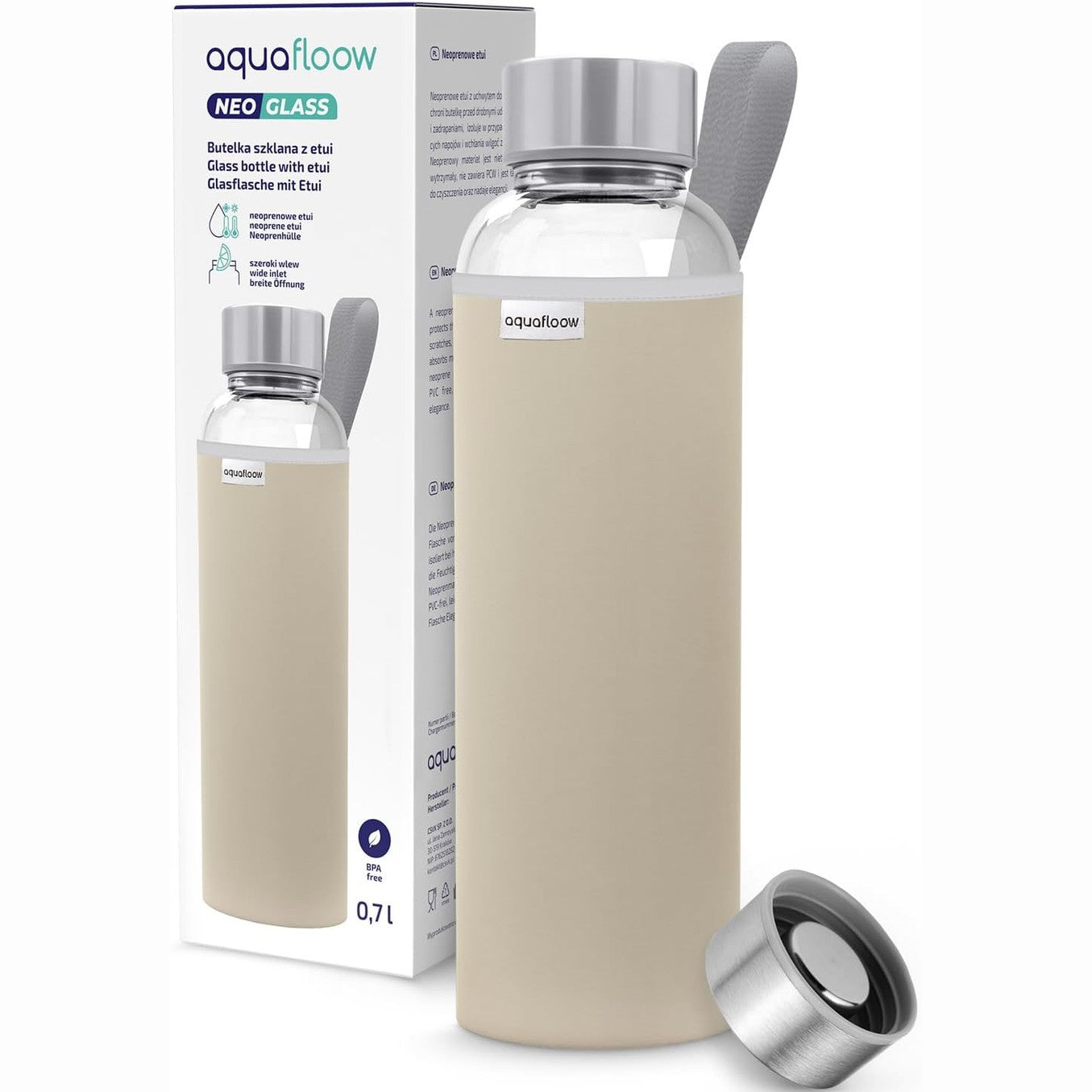 224344 - AQUAFLOOW Shishe uji prej qelqi 700ml me mbështjellës neopreni, Shishe qelqi transparente për pije me kapak bambuje, Bezhë