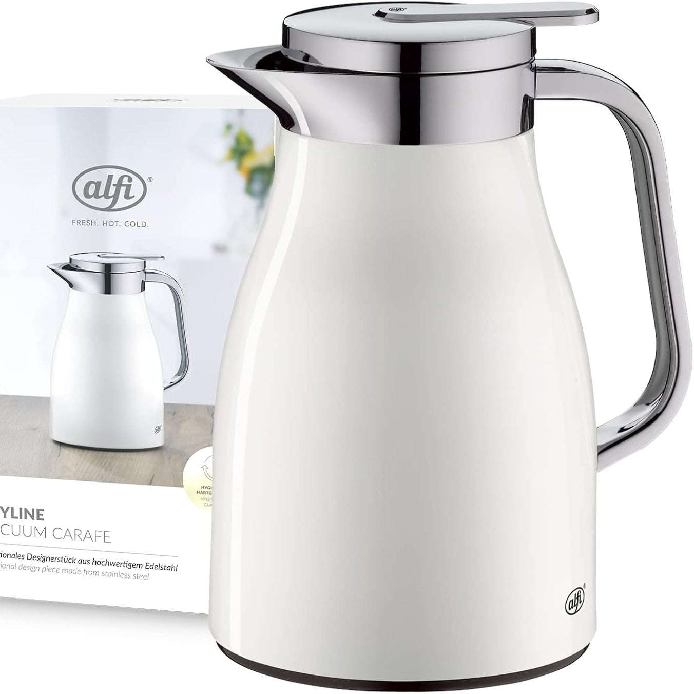 226492 - ALFI SKYLINE Termos 650ml, e bardhë kokosi mat, çelik inox me shtresë qelqi të temperuar higjienike, kapak me rrotullim dhe buton shtypjeje, dorezë ergonomike, përdorim me një dorë