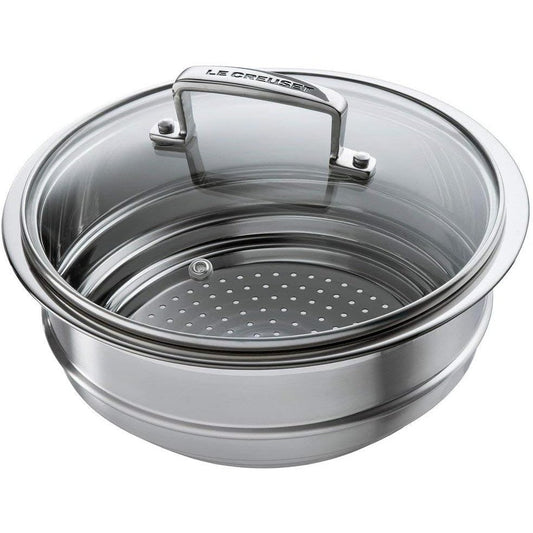231160 - LE CREUSET Shportë me avull çelik inox 3 shtresa me kapak qelqi, i përshtatshëm për tenxhere me diametër 16/18/20 cm, argjend, 96201900001000
