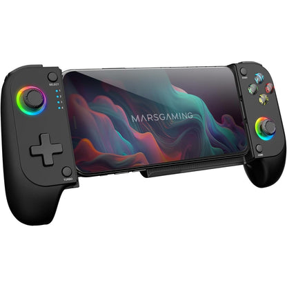 268284 - MARS GAMING Gamepad Bluetooth 5.0 MGPX, 2-në-1, RGB Neon, funksion i dyfishtë vibrimi dhe turbo, mbështetje për smartphone deri në 6.8", USB-C, çantë mbajtëse, e zezë