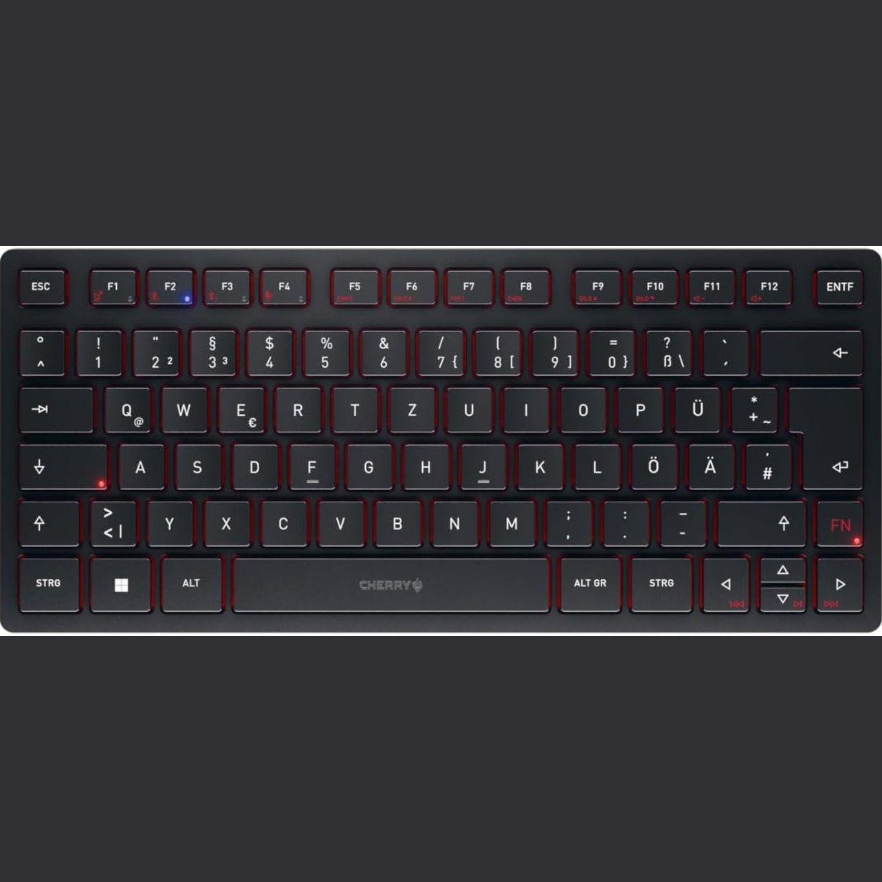 319443 - CHERRY KW 9200 MINI, Tastierë kompakte me shumë pajisje për deri në 4 pajisje, paraqitje gjermane (QWERTZ), Bluetooth, 2.4 GHz ose kabllo, e rikarikueshme, e zezë