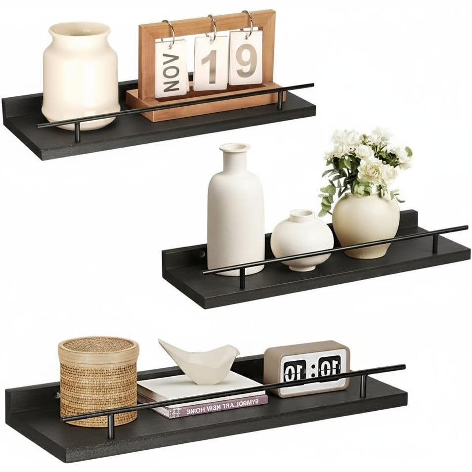 288806 - VINATO Set prej 3 raftesh muri prej druri 40x15x4.5 cm, për kuzhinë, dhomë ndenjeje, zyrë dhe dhomë gjumi, ngjyrë e zezë