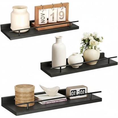 288806 - VINATO Set prej 3 raftesh muri prej druri 40x15x4.5 cm, për kuzhinë, dhomë ndenjeje, zyrë dhe dhomë gjumi, ngjyrë e zezë