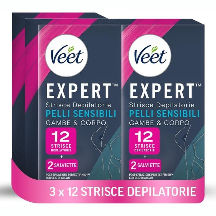321642 - VEET Expert 36 Shirita Depilimi me Dyll për Këmbë dhe Trup, 3 pako me 12 shirita, për lëkurë të ndjeshme me vaj bajamesh