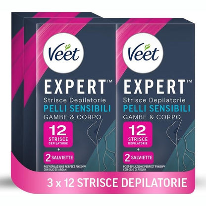 321642 - VEET Expert 36 Shirita Depilimi me Dyll për Këmbë dhe Trup, 3 pako me 12 shirita, për lëkurë të ndjeshme me vaj bajamesh
