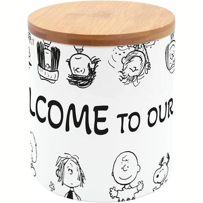185453 - PEANUTS COMIC EDITION Kavanoz Porcelani dhe Bambu për Ruajtje Ëmbëlsirash dhe Biskotash, 550ml, Snoopy dhe Charlie Brown