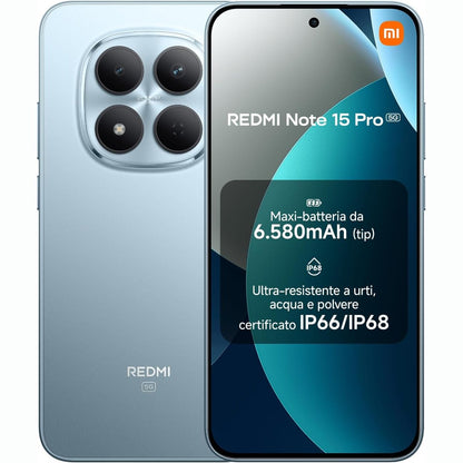 319291 - XIAOMI Telefon inteligjent Redmi Note 15 Pro 5G (8+256 GB) – Telefon Android, bateri 6580 mAh, rezistencë ndaj pluhurit dhe ujit IP66/IP68, kamera 200 MP, ekran AMOLED 6.83", ngjyrë Glacier Blue