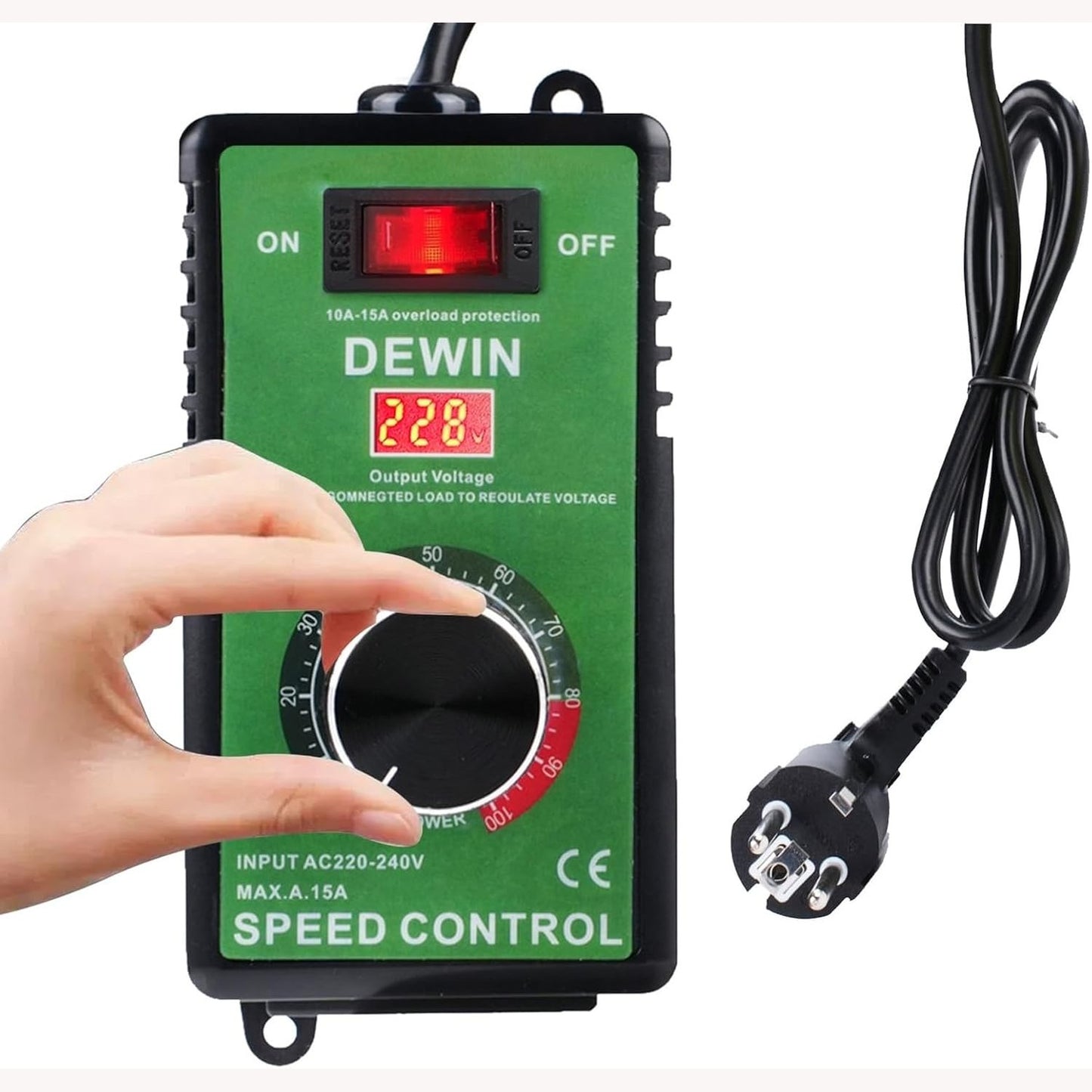 251209 - DEWIN Kontrollues Shpejtësie, 230V, Rregullator Shpejtësie pa Shkallë, Mbrojtje nga Mbingarkesa 15A për Mulli Këndi/Fryrëse/Stërvitëse Dore/Sharra Rrethore