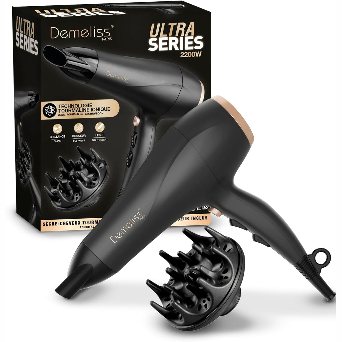 301992 - DEMELESS Tharëse flokësh 2200W – 2 shpejtësi, 3 temperatura – Teknologji turmaline – Përfshin koncentrator dhe difuzor – I lehtë