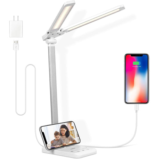 206459 - SEMLOS Llambë Tavoline LED e Bardhë, Kokë e Dyfishtë, 25 Mënyra Ndriçimi, Kontroll me Prekje, Errësueshme, Përdorim për Lexim, Përfshin Adaptor Energjie