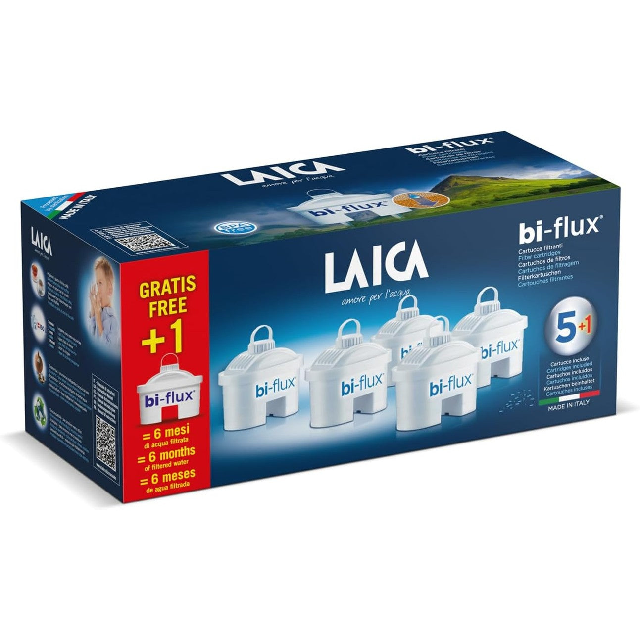 136264 - LAICA bi-flux® - Filtri i Ujit që Zvogëlon Klorin dhe Gëlqeren, Ruan Kripërat Minerale të Dobishme, Kapacitet 150L çdo Filter (5 Filtra), 5 Muaj Ujë të Filtruar - Prodhuar në Itali