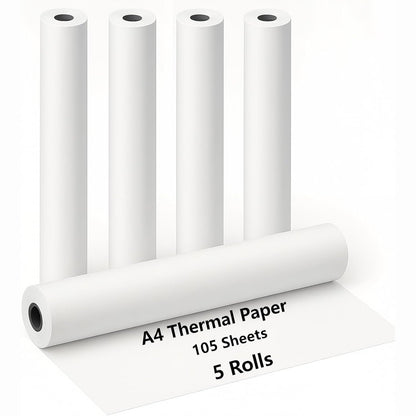 310619 - 5 RULA LETRE TERMIKE A4, letër për printer termik, e bardhë, pa BPA, 21 cm x 6.2 m, 21 fletë/rul