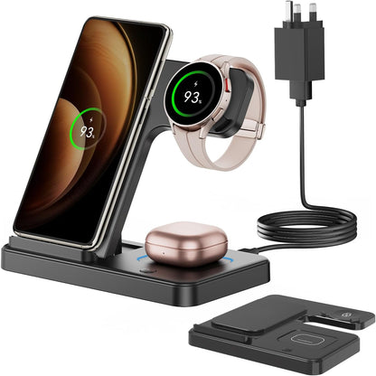 309995 - GEEKERA Karikues pa tel për Samsung, Stacion karikimi 3 në 1 për S26/S25/S24/S23, për Galaxy Watch 8/7/6/5/4, për Galaxy Buds - i zi