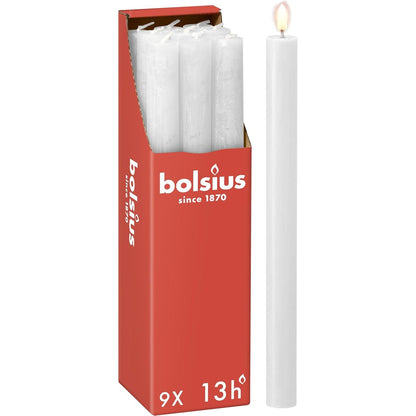 220264 - BOLSIUS Qirinj Rustikë Konikë - Të Bardhë - 9 copë - 27 x 2.3 cm - Gjatësi, Kohëzgjatje Djegie 13 Orë - Pa aromë - Dyll natyral bimor - Pa vaj palme