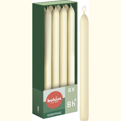 258404 - BOLSIUS Qirinj Smooth Taper - Ngjyrë Fildishi - 8 copë - 24 cm - Koha e djegies 8 orë - Pa aromë