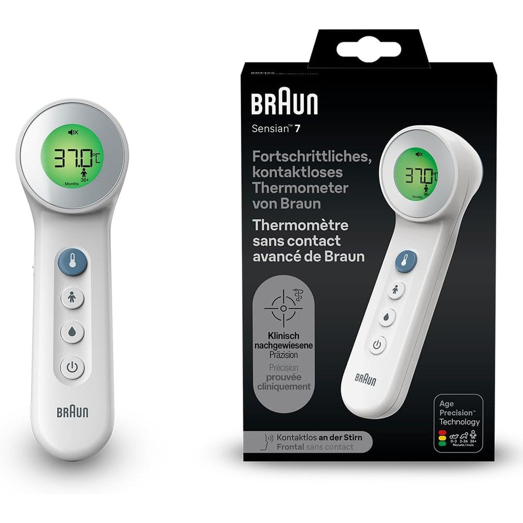 316443 - BRAUN Termometër ballit pa kontakt Sensian 7, Teknologjia Age Precision, 3-në-1, Ekran dixhital me kod ngjyrash, i përshtatshëm për foshnje dhe fëmijë, model BNT400