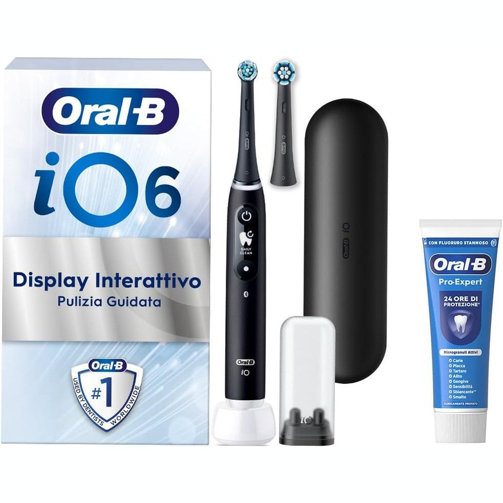 271017 - ORAL-B Furçë dhëmbësh elektrike e rikarikueshme iO 6, 2 koka zëvendësuese, e zezë, çantë udhëtimi + 1 pastë dhëmbësh profesionale