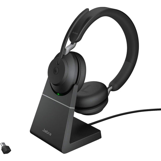 112674 - JABRA Kufje pa Tel Evolve2 65 për PC me Mbështetëse Karikimi, Optimizuara për Microsoft Teams, USB-C Dongle dhe Mbështetëse, Ngjyra e Zezë, Stereo