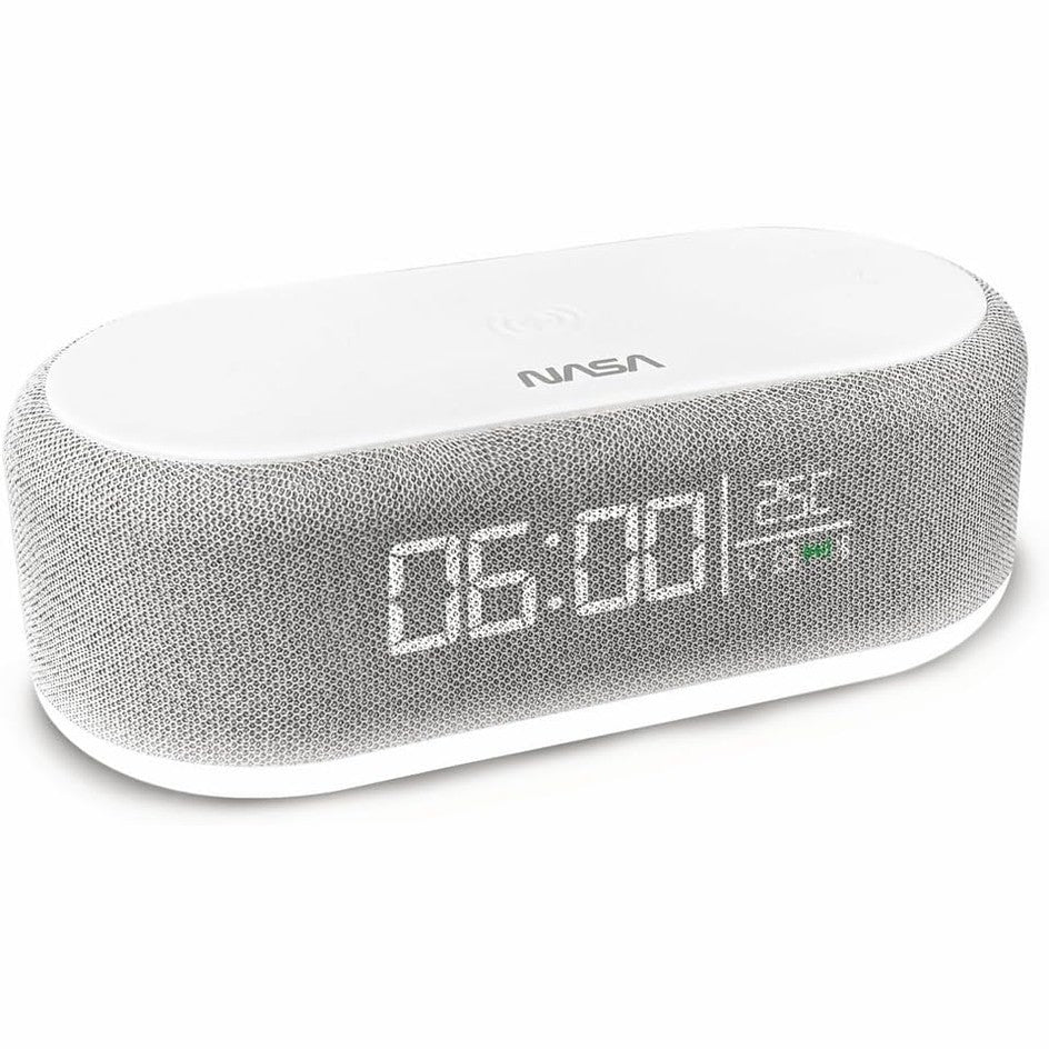 299294 - NASA SPC400 Orë me alarm, Altoparlant Bluetooth 2x5W, Karikim pa tel 15W, Dritë nate, Bateri litiumi, USB-C i përfshirë, Gri