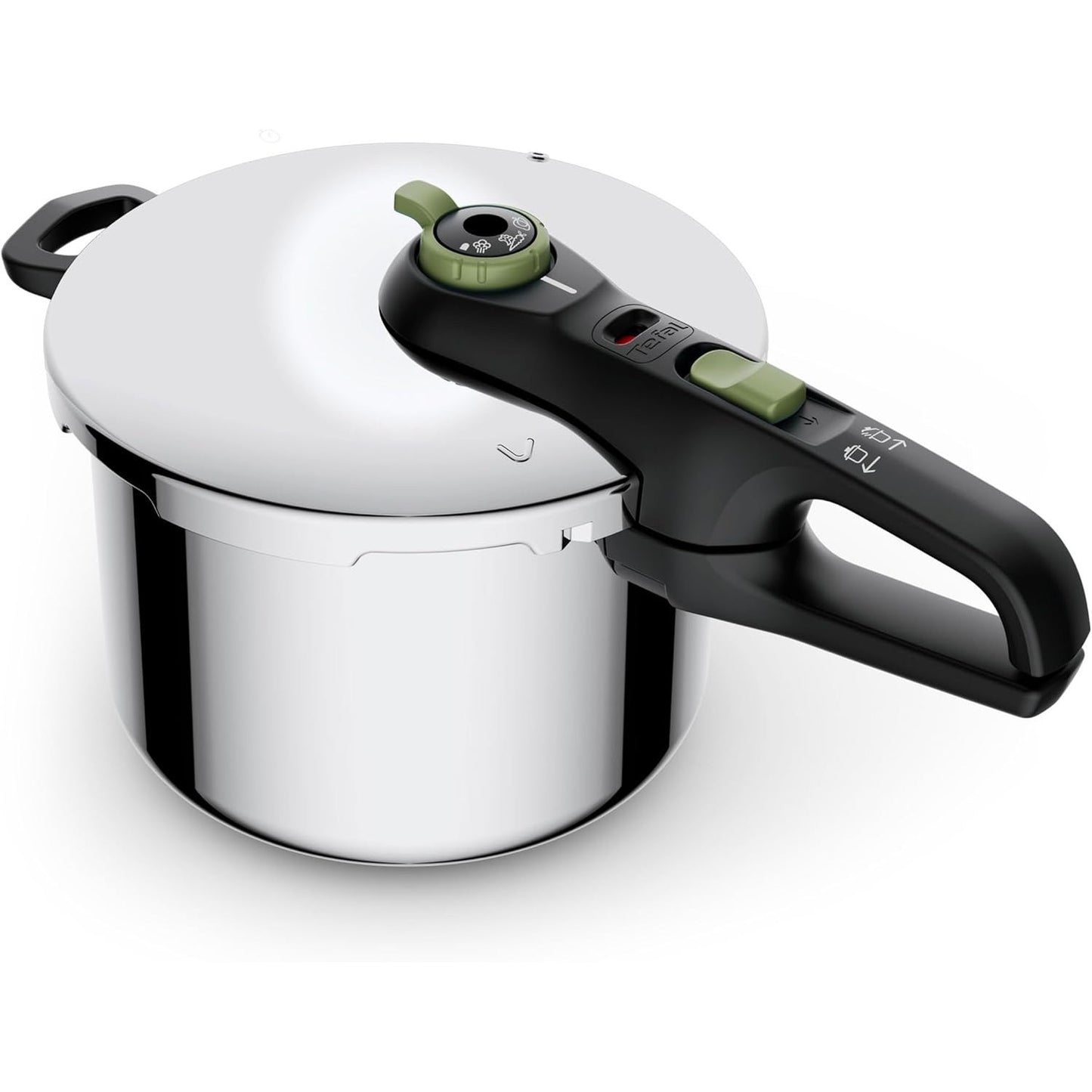 217082 - TEFAL Tenxhere me presion Secure Trendy, e pajtueshme me induksion, 6L, rregullator gatimi me 2 faza: cilësim intensiv 117°C, cilësim i butë 112°C, bazë e kapsuluar me induksion, çelik inox/i zi/jeshil, P2580703