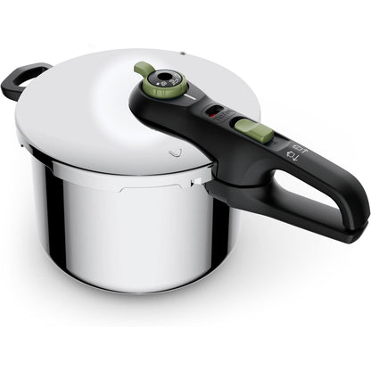 217082 - TEFAL Tenxhere me presion Secure Trendy, e pajtueshme me induksion, 6L, rregullator gatimi me 2 faza: cilësim intensiv 117°C, cilësim i butë 112°C, bazë e kapsuluar me induksion, çelik inox/i zi/jeshil, P2580703