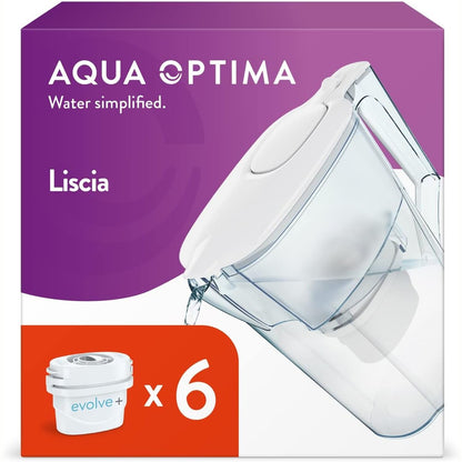 260631 - Aqua Optima Enë filtri uji Liscia dhe 6 fishekë filtri Evolve+ 30-ditorë, kapacitet 2.5 litra, e bardhë