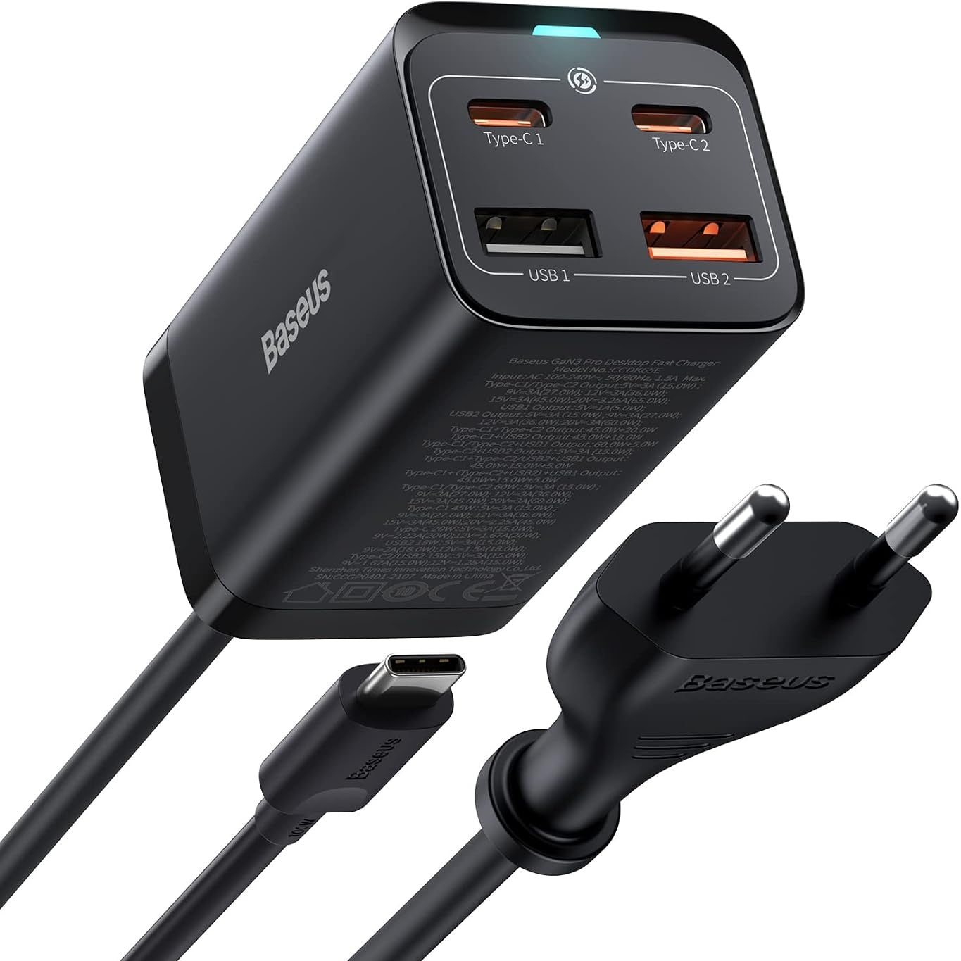 266232 - BASEUS Karikues i shpejtë USB-C 65W, Bllok muri PD GaN3 i shpejtë, Stacion karikimi me 4 porta [2 USB-C + 2 USB] me kabllo AC 5ft për MacBook Pro/Air, laptopë USB-C, iPhone 13/12, Samsung Galaxy