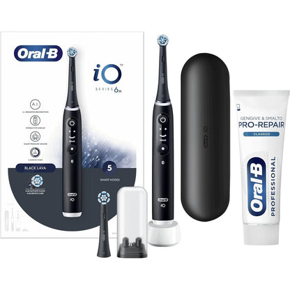 301592 - ORAL-B Furçë dhëmbësh elektrike e rikarikueshme iO6, e zezë, me kuti udhëtimi, pastë dhëmbësh klasike rigjeneruese të smaltit dhe mishrave të dhëmbëve, 75 ml
