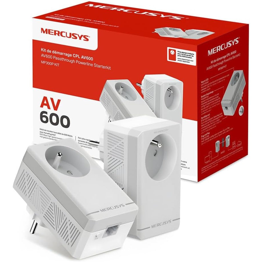 273238 - MERCUSYS Kit MP300P 600Mbps Powerline me 1 Portë dhe Prizë të Integruar Tipi F, Kit me 2 Përshtatës Powerline, Ideal për Shërbimin Multi-TV