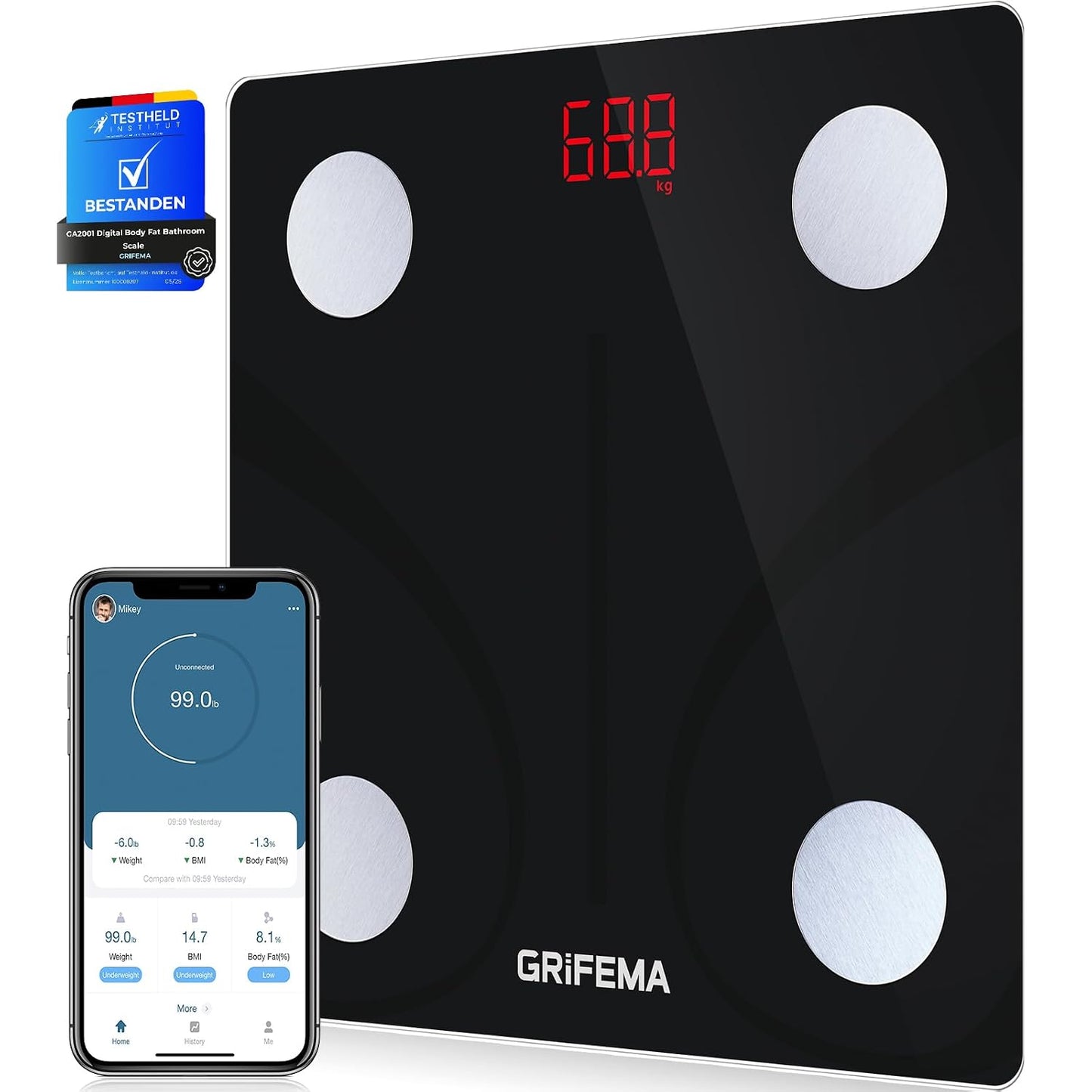 289060 - GRIFEMA Peshore Personale GA2001, Analizues i Përbërjes së Trupit me Bluetooth, për iOS dhe Android, e zezë