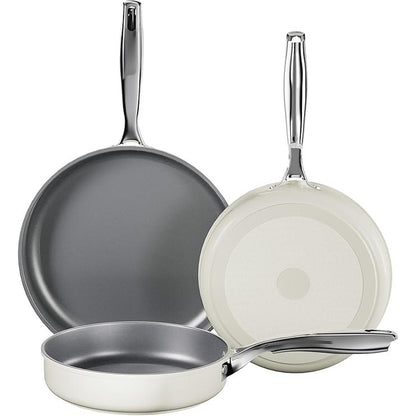 167341 - KOCH KODE Set Tiganësh me Induksion, Qeramik, Jo-ngjitës, Madhësi 20, 24, 28 cm, Dorëza Çeliku Inox, I Sigurt për Lavastovilje, Jo-toksik, Pa PFAS, Ngjyra e Bardhë Qumështi
