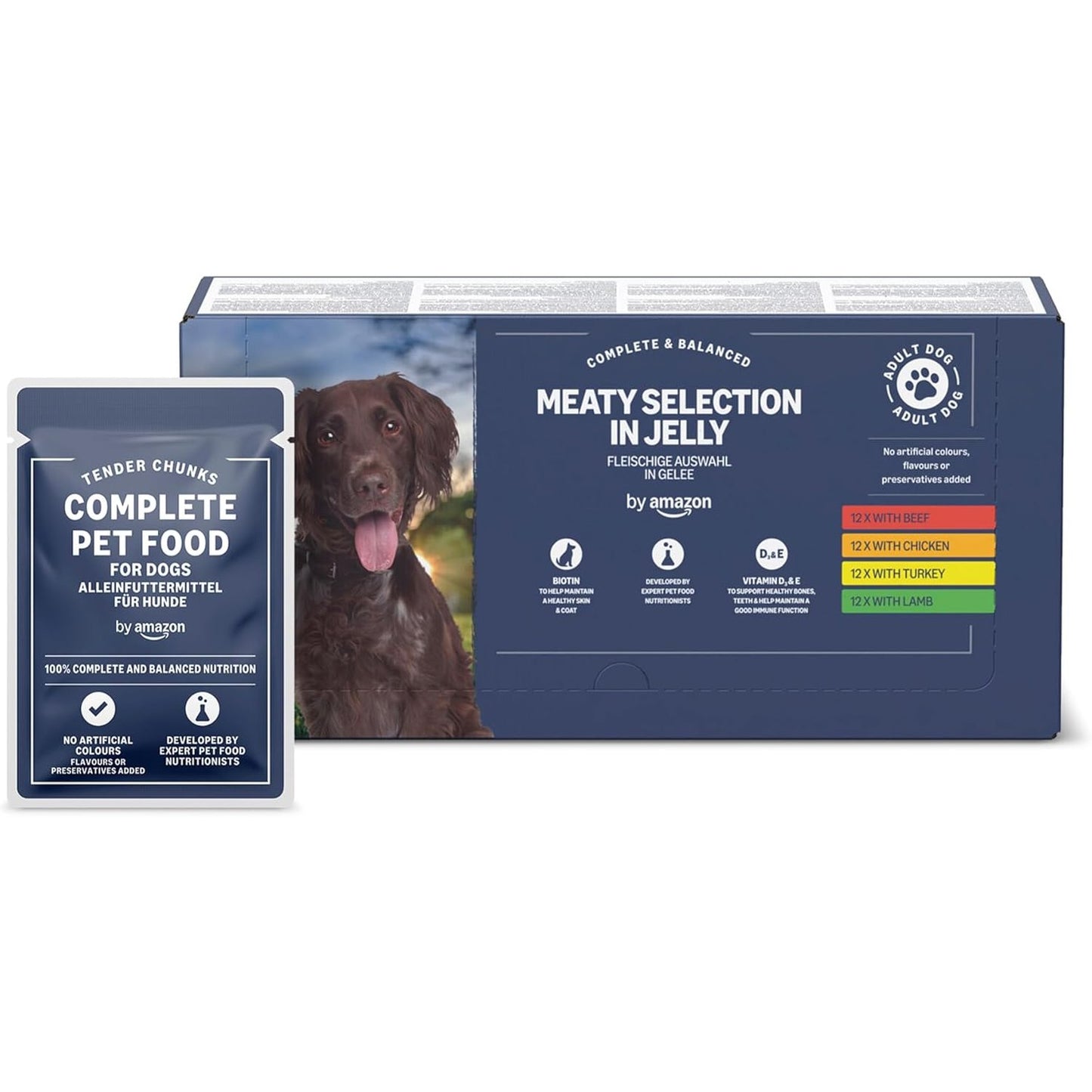 215411 - AMAZON Ushqim i plotë për qen të rritur, përzgjedhje mishi në pelte, 4.8 kg (48 pako x 100g)