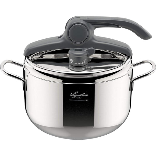 204129 - LAGOSTINA Tenxhere me Presion Irradial Control Lagoeasy'UP 5L, Prej Çelik Inox 18/10, Ø 22 cm, Për Induksion dhe Gaz, Hapje e Thjeshtuar e Kapakut, Bazë Irradial Plus me 3 Shtresa