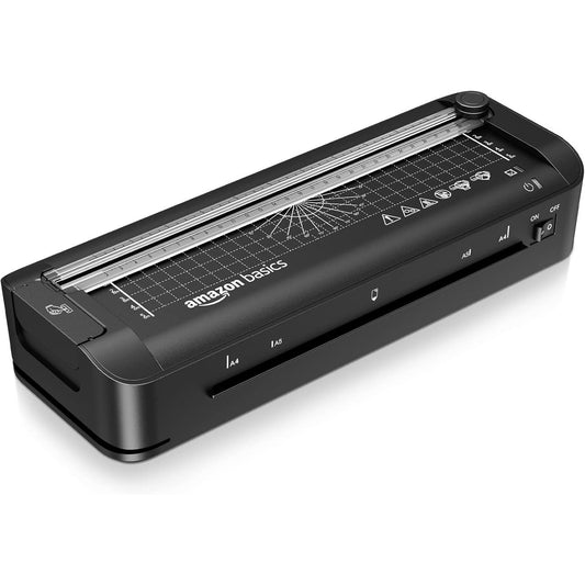 189209 - AMAZON BASICS Laminator Termik A4 3-në-1 me Funksione Prerjeje, Shpimi dhe Rrumbullakosjeje Këndesh, 10 Qese të Përfshira, Prizë EU, Ngjyra e Zezë