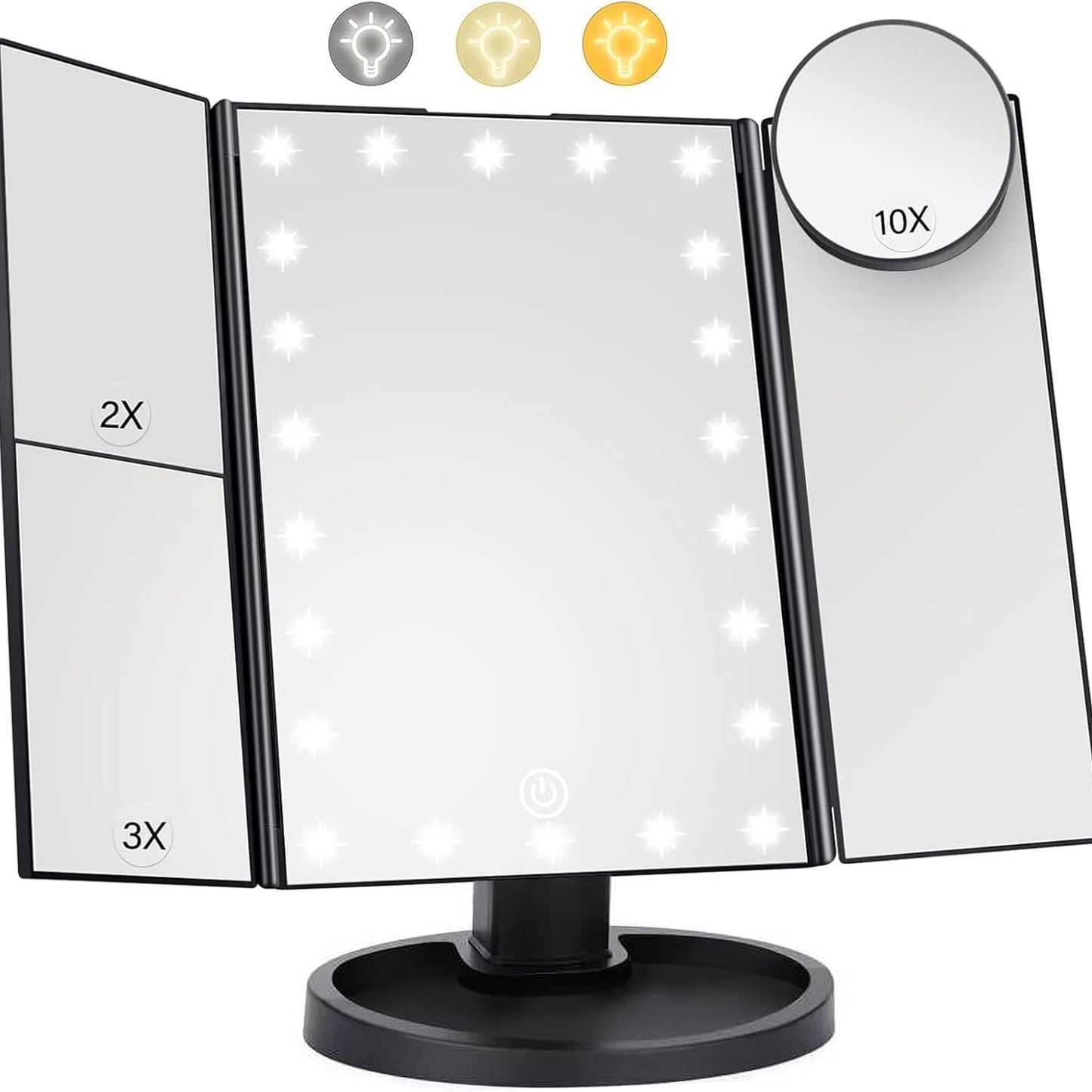223255 - Pasqyrë makijazhi me 22 drita LED, palosshme, zmadhim 1X/2X/3X/10X, ndriçim me prekje, mbështetje USB, e zezë