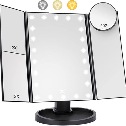 223255 - Pasqyrë makijazhi me 22 drita LED, palosshme, zmadhim 1X/2X/3X/10X, ndriçim me prekje, mbështetje USB, e zezë