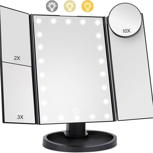 223255 - Pasqyrë makijazhi me 22 drita LED, palosshme, zmadhim 1X/2X/3X/10X, ndriçim me prekje, mbështetje USB, e zezë