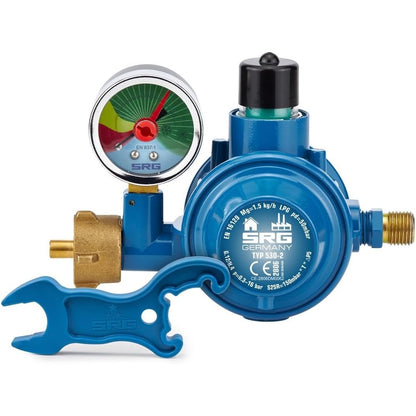 163404 - ROTAREX - Rregullator i Presionit të Ulët me 2 Faza, 50 mbar, me Çelës Bombolë Gazit, i Përshtatshëm për Skarë dhe Ngrohës LPG, me Matës Presioni për Treguesin e Gazit të Mbetur dhe Kontrollin e Rrjedhjeve